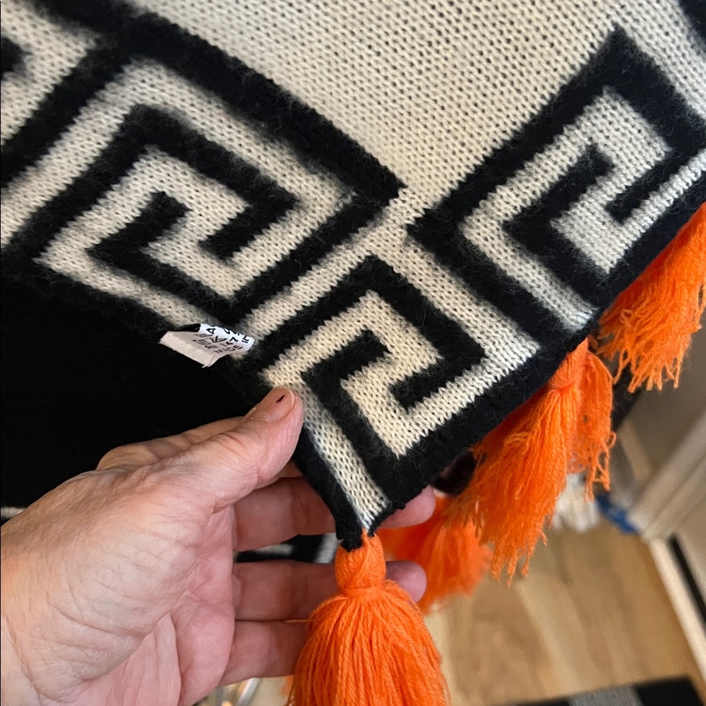 Long Black and White Scarf / Table Runner  with Orange Tassels - Picture 3 of 6